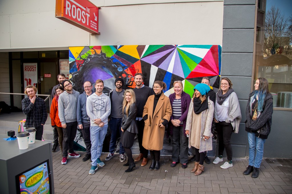 Roost members in front of Hunter St Mall Newcastle mural